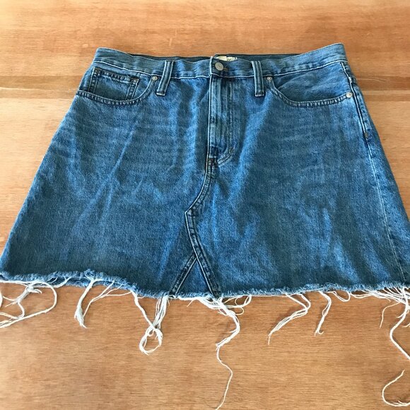 Madewell Dresses & Skirts - Madewell Rigid Denim A Line Skirt Women 32 Blue Pockets Raw Hem Knee Length